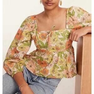 J. Crew Zinnia square neck peplum floral boho cotton long sleeve top size 8 NWT